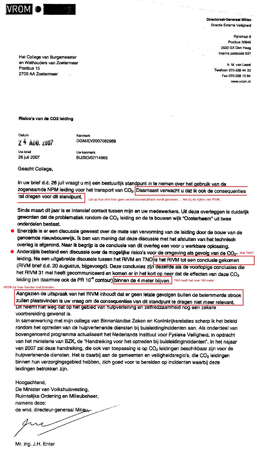 Brief VROM aan Zoetermeer: Risico's CO2-pijpleiding